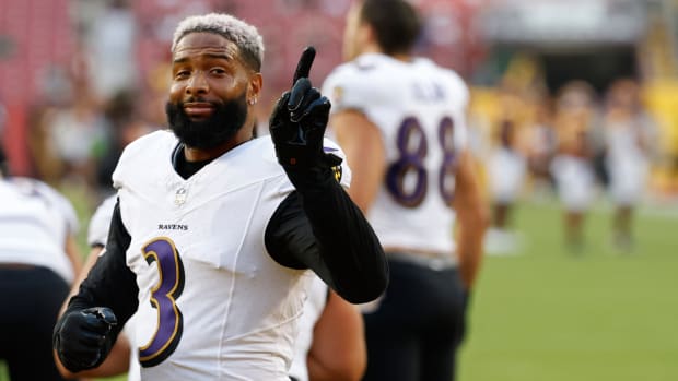 Odell Beckham Jr. gestures during a Ravens’ preseason game against the Commanders.